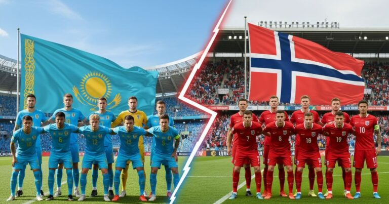 Kazakhstan and Norway national football teams lined up in their home kits with national flags at a stadium, split by a lightning effect to show rivalry