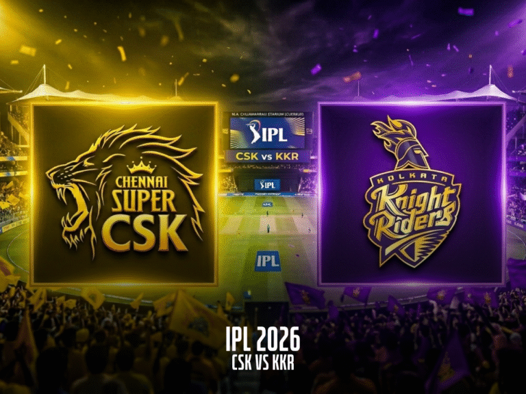 IPL 2026 match between Chennai Super Kings (CSK) and Kolkata Knight Riders (KKR), featuring their team logos. The image displays a vibrant stadium with flags, and the match details 'IPL 2026 - CSK vs KKR' at the bottom.