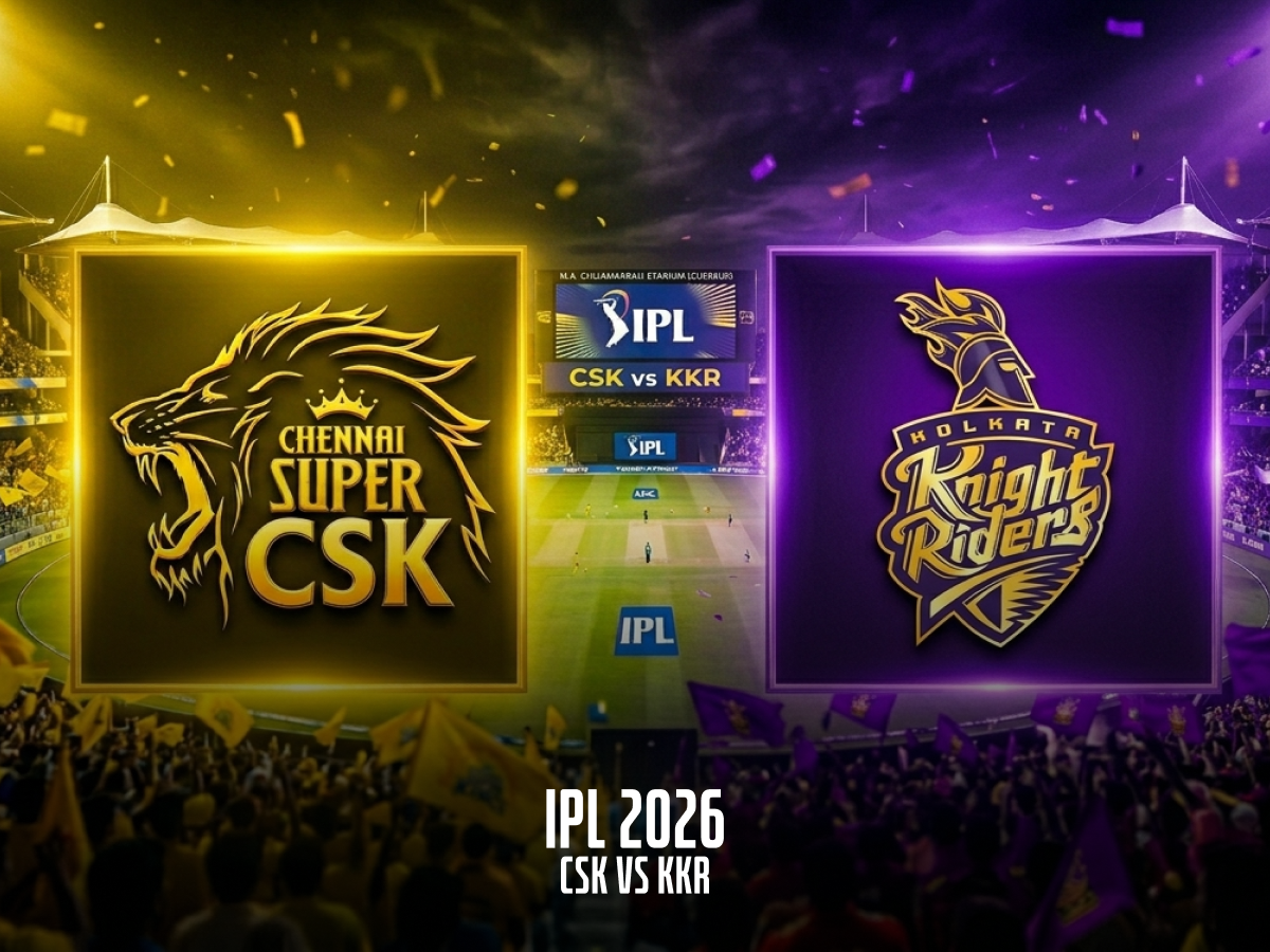 IPL 2026 match between Chennai Super Kings (CSK) and Kolkata Knight Riders (KKR), featuring their team logos. The image displays a vibrant stadium with flags, and the match details 'IPL 2026 - CSK vs KKR' at the bottom.